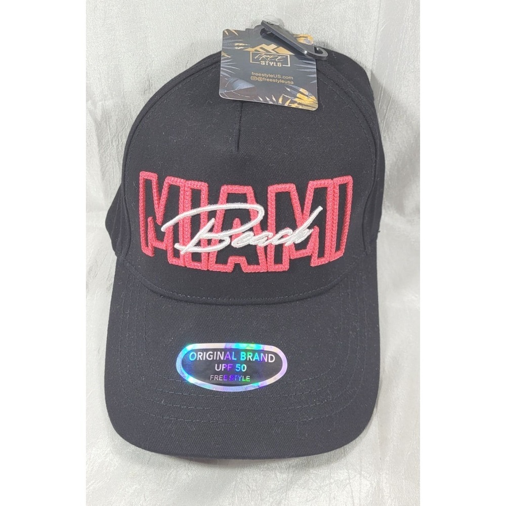 Free Style Miami Beach Embroidered 6-Panel Cotton Hat Black One Size Adjustable